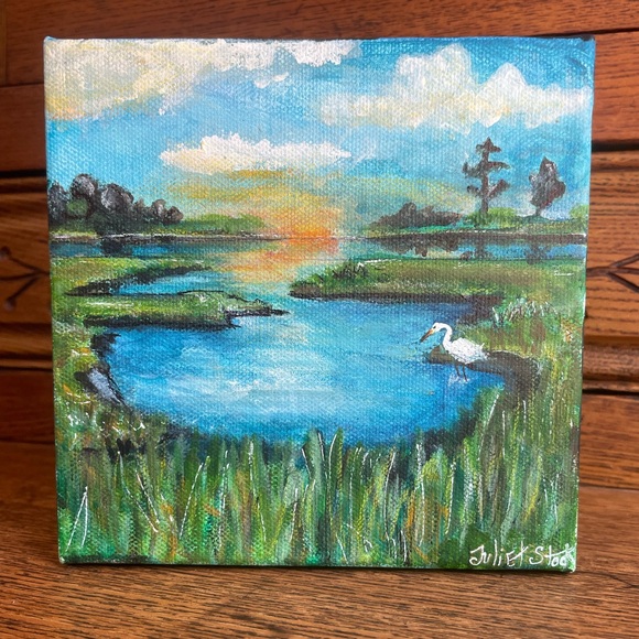 6 x 6 original marsh painting with egret. Acrylic paints. - Picture 4 of 7